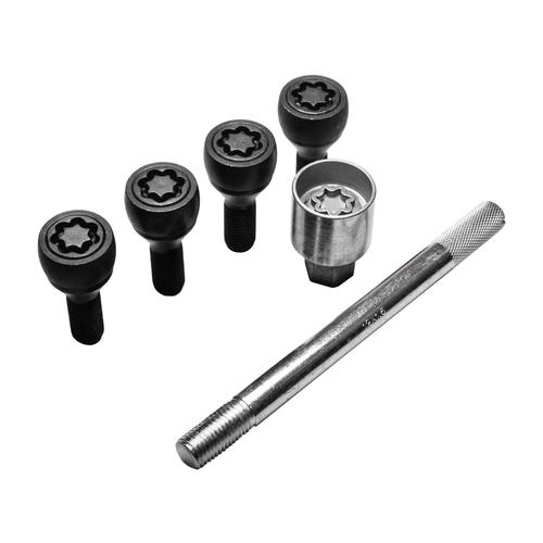 Forged Locking Wheel Bolts (x4) - 34mm M14x1.5, R14 seat, black, 19mm hex