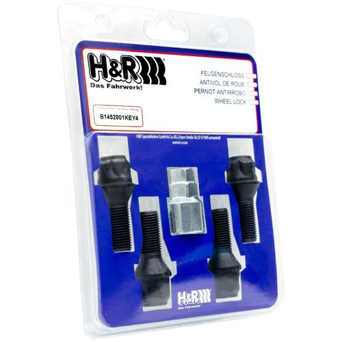 H&R Locking Wheel Bolts (Set of 4) - 28mm M14x1.5, 60° seat, Black, 17/19mm hex