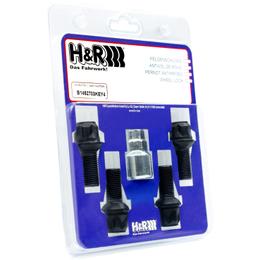 H&R Locking Wheel Bolts (Set of 4) - 27mm M14x1.5, R13 seat, Black, 17/19mm hex