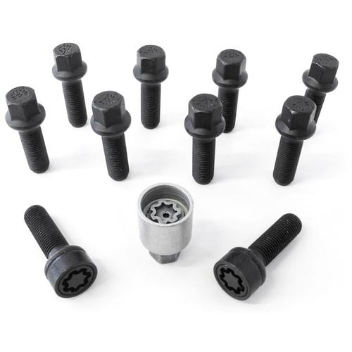 H&R Full Axle Wheel Bolt Set - 57mm M14x1.5, R14 seat, Black, 17mm hex