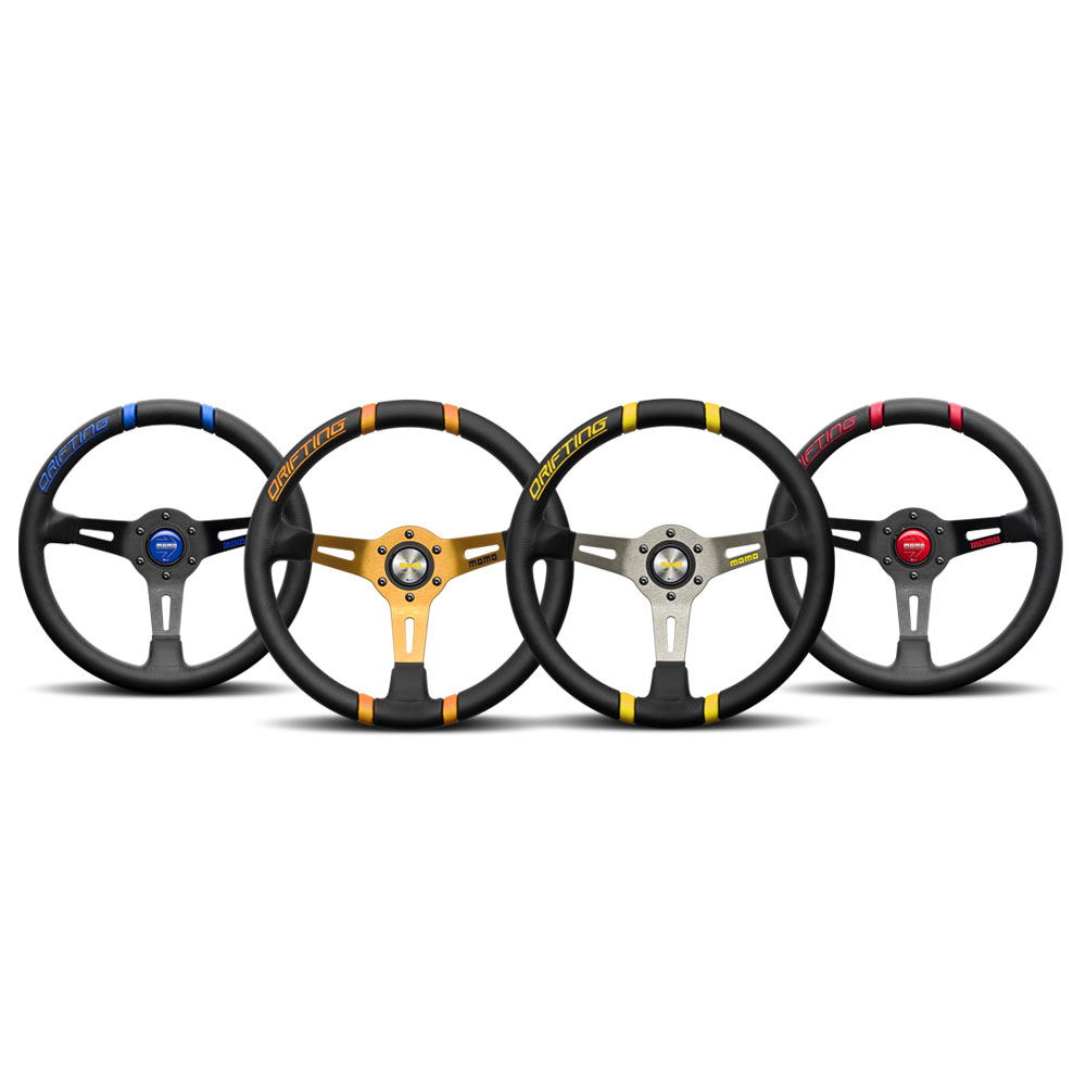 Momo Drifting 330 Black Leather Steering Wheel with Blue