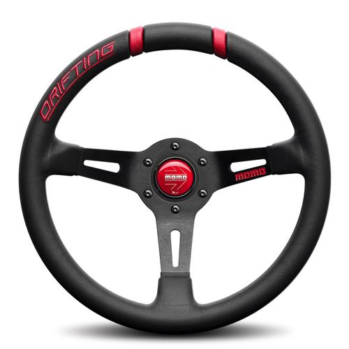 Momo Drifting 330 Black Leather Steering Wheel with Red Inserts