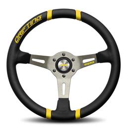 Momo Drifting 350 Black Leather Steering Wheel with Yellow Inserts