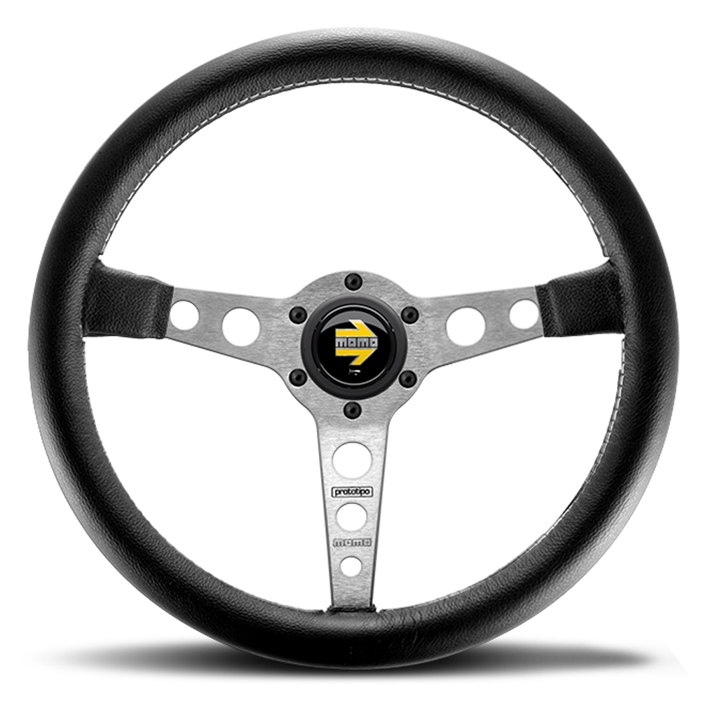 Momo Prototipo 350 Black Leather Steering Wheel with Silver Spokes