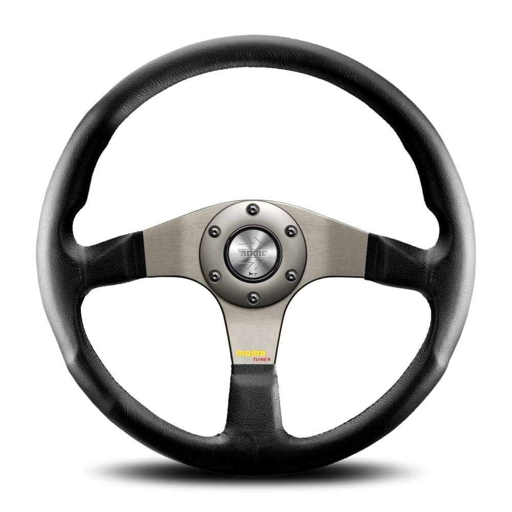 MOMO TUNER 350MM BLACK LEATHER BLACK ALUMINIUM CENTRE SPOKES STEERING WHEEL MOMO TUNER 350MM BLACK LEATHER BLACK ALUMINIUM CENTRE SPOKES STEERING WHEEL