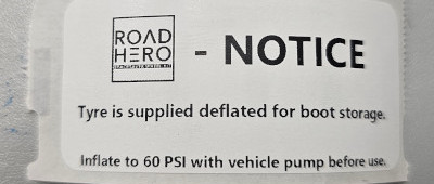 Label included with deflated Road Hero kits