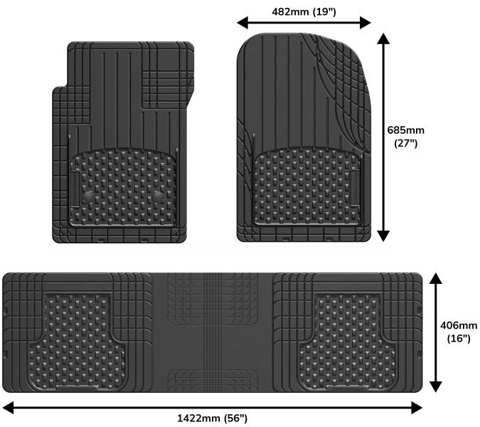 WeatherTech Trim-to-Fit Floor Mat set (3 piece Over The Hump) dimensions